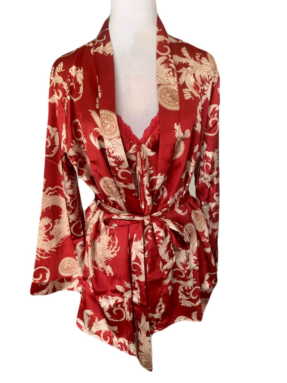 NWT Escalier Medium Red Beige Satin Paisley Floral 3-Piece Pajama Set